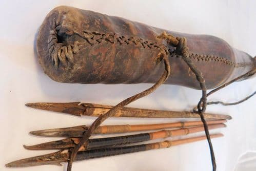 Vintage quiver and arrows tribal African hunting equipment wood and leather